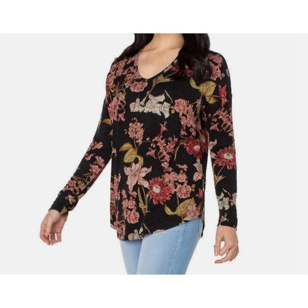 Well Worn Floral Long Sleeve Top Small Black V Neck Boho Stretch Lightweight - Picture 8 of 9